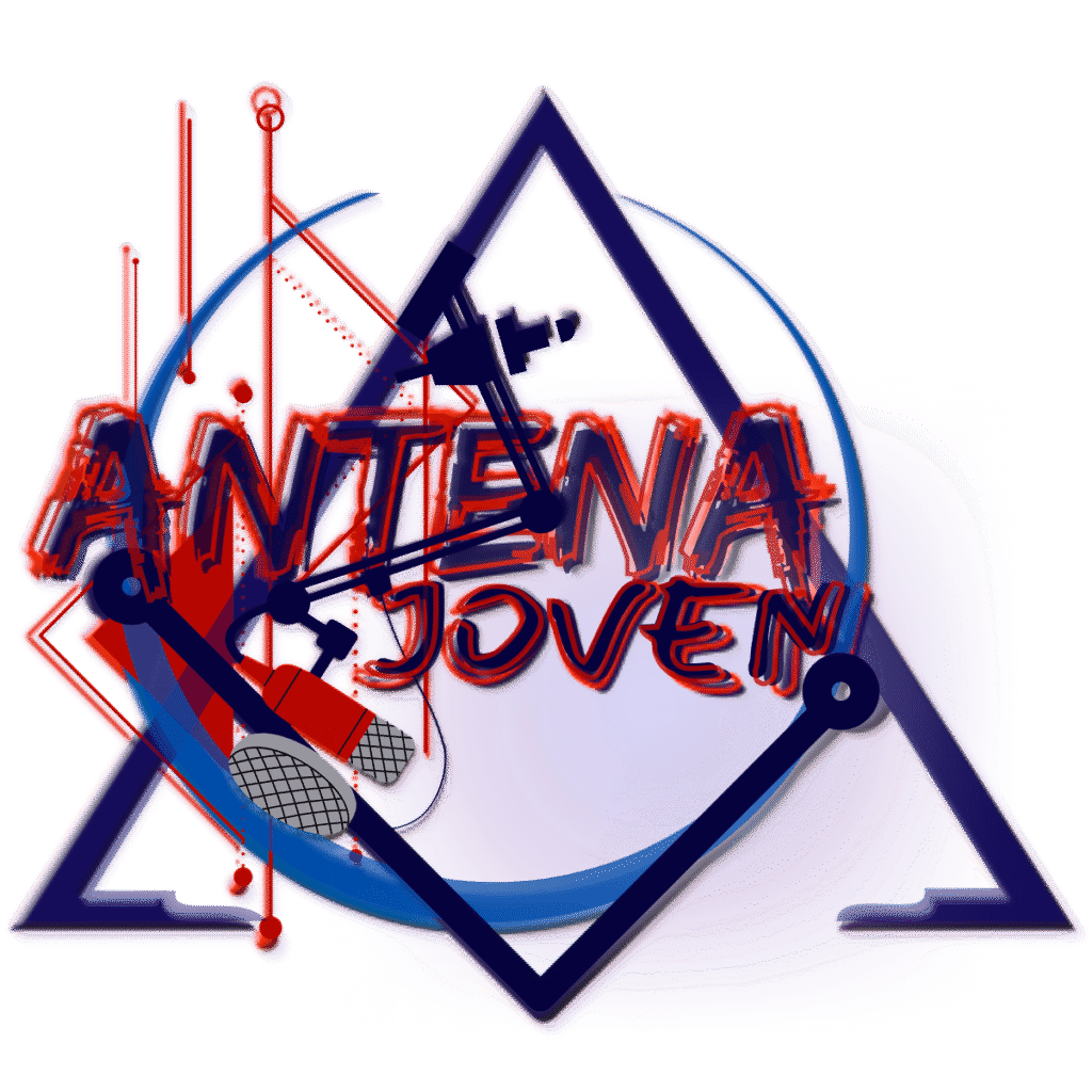 Logo oficial de Antena Joven: antena triangular con elementos radiales y tipografía azul-granate.
