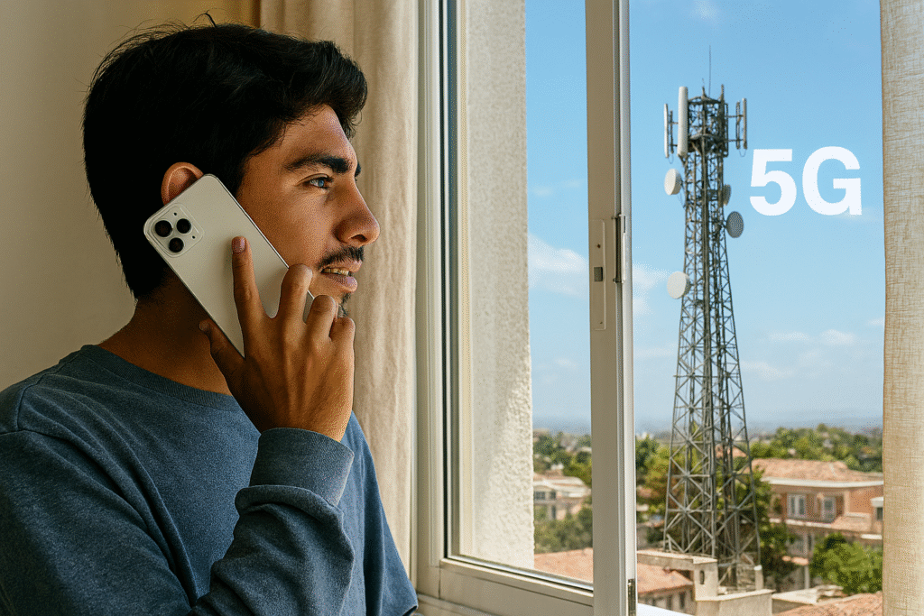 Joven hablando por iPhone en la ventana de su casa con vista a una antena 5G
