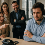 Empleado aislado en oficina tipo call center mientras compañeros lo observan o excluyen, representando fobia social y mobbing laboral.