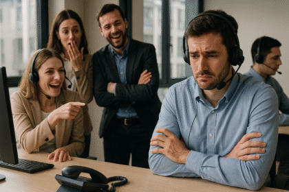 Empleado aislado en oficina tipo call center mientras compañeros lo observan o excluyen, representando fobia social y mobbing laboral.