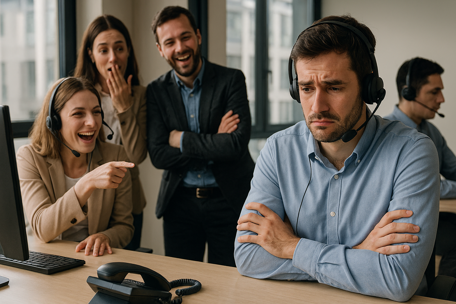 Empleado aislado en oficina tipo call center mientras compañeros lo observan o excluyen, representando fobia social y mobbing laboral.
