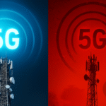 Imagen comparativa de torre 5G con beneficios en azul y desventajas en rojo