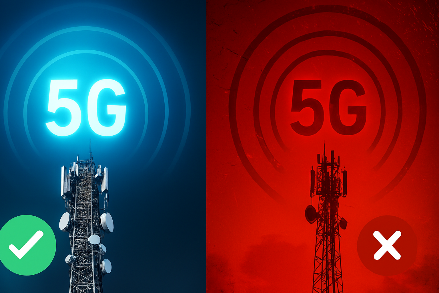 Imagen comparativa de torre 5G con beneficios en azul y desventajas en rojo