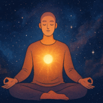 Figura humana meditando en medio de un fondo cósmico, irradiando luz desde el corazón como símbolo de conciencia crística.