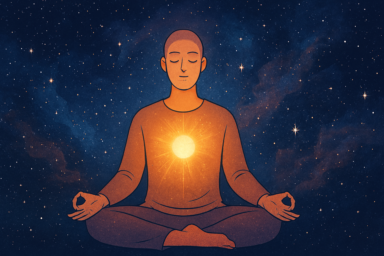 Figura humana meditando en medio de un fondo cósmico, irradiando luz desde el corazón como símbolo de conciencia crística.