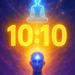 Imagen cósmica con el número 10:10 en el centro, rodeado de luz dorada y violeta, con una figura humana meditando y otra figura etérea representando el Yo Superior, en un fondo estelar vibrante.