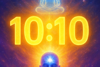 Imagen cósmica con el número 10:10 en el centro, rodeado de luz dorada y violeta, con una figura humana meditando y otra figura etérea representando el Yo Superior, en un fondo estelar vibrante.