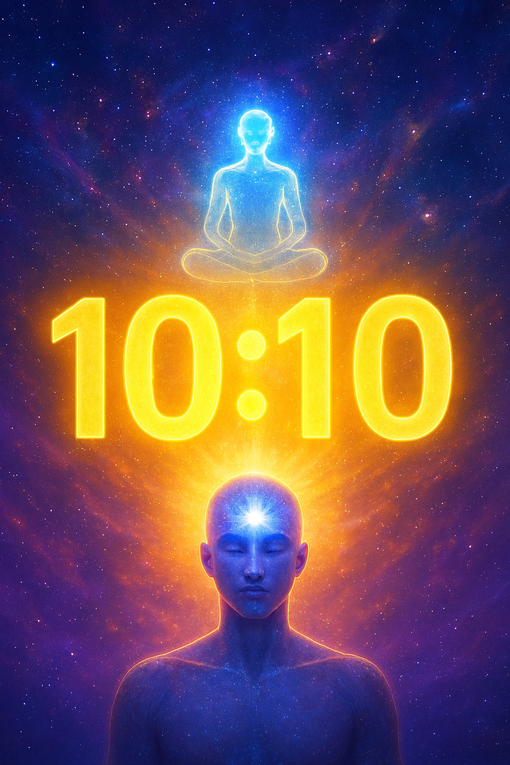 Imagen cósmica con el número 10:10 en el centro, rodeado de luz dorada y violeta, con una figura humana meditando y otra figura etérea representando el Yo Superior, en un fondo estelar vibrante.