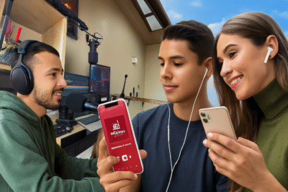 Locutor joven en cabina de radio transmitiendo en vivo, acompañado por oyentes con iPhones y earpods escuchando Antena Joven en MyTunerRadio.