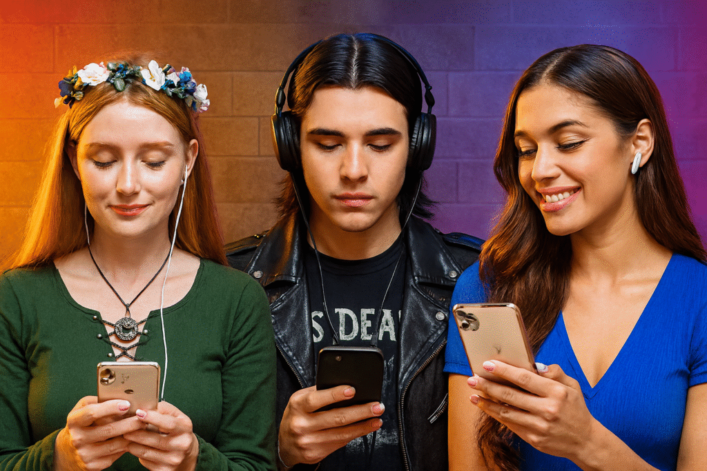 Grupo de jóvenes con estilos escuchando música en sus smartphones, representando la diversidad de géneros musicales en Antena Joven.
