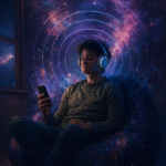 Joven costarricense escucha música desde su iPhone con audífonos envolventes, sentado en un puff que se fusiona con el universo, representando la experiencia cósmica del sonido espacial de Antena Joven CR en Apple Music Stations.