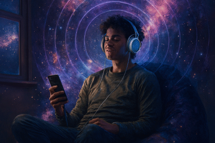 Joven costarricense escucha música desde su iPhone con audífonos envolventes, sentado en un puff que se fusiona con el universo, representando la experiencia cósmica del sonido espacial de Antena Joven CR en Apple Music Stations.