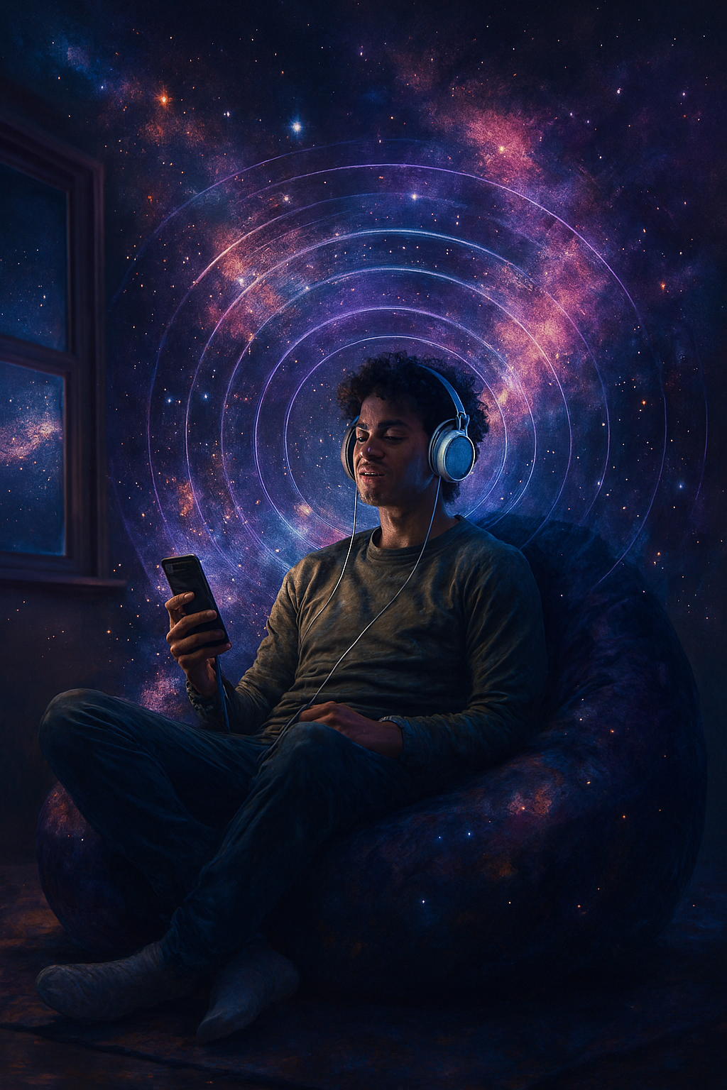 Joven costarricense escucha música desde su iPhone con audífonos envolventes, sentado en un puff que se fusiona con el universo, representando la experiencia cósmica del sonido espacial de Antena Joven CR en Apple Music Stations.