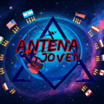Logo de Antena Joven en el centro del universo, rodeado por banderas y oyentes de todo el mundo