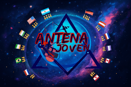 Logo de Antena Joven en el centro del universo, rodeado por banderas y oyentes de todo el mundo