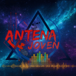 Imagen destacada de Antena Joven: antena triangular irradiando energía cósmica y ondas musicales.