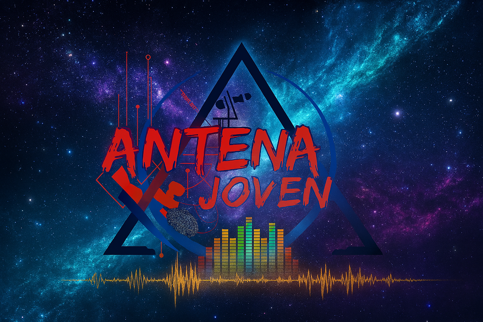 Imagen destacada de Antena Joven: antena triangular irradiando energía cósmica y ondas musicales.
