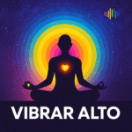 Ilustración cósmica de jóvenes irradiando energía positiva en círculo, con ondas de luz y símbolos musicales.