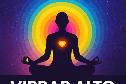 Ilustración cósmica de jóvenes irradiando energía positiva en círculo, con ondas de luz y símbolos musicales.