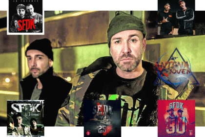 Collage de SFDK con retrato nocturno de Zatu y Acción Sánchez rodeado por seis portadas de álbumes icónicos del grupo