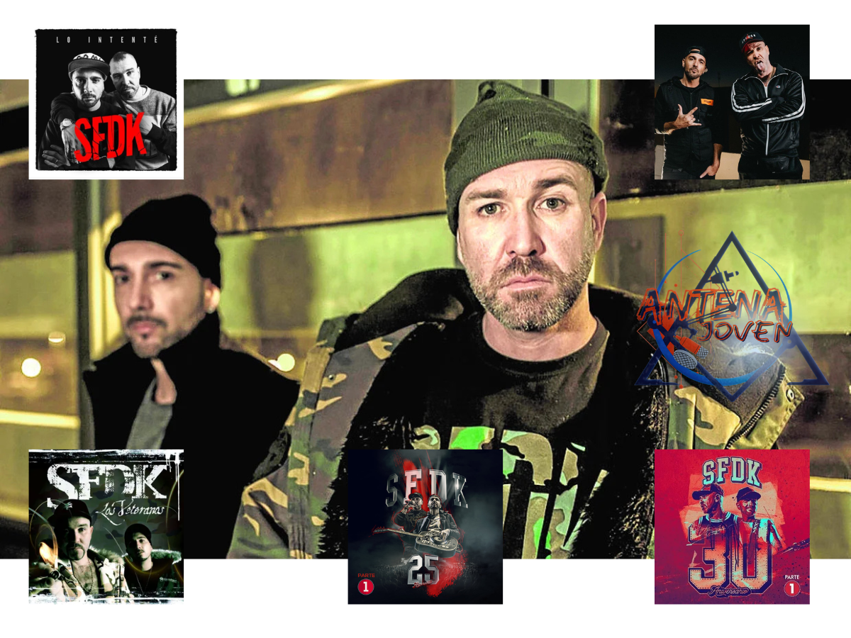 Collage de SFDK con retrato nocturno de Zatu y Acción Sánchez rodeado por seis portadas de álbumes icónicos del grupo