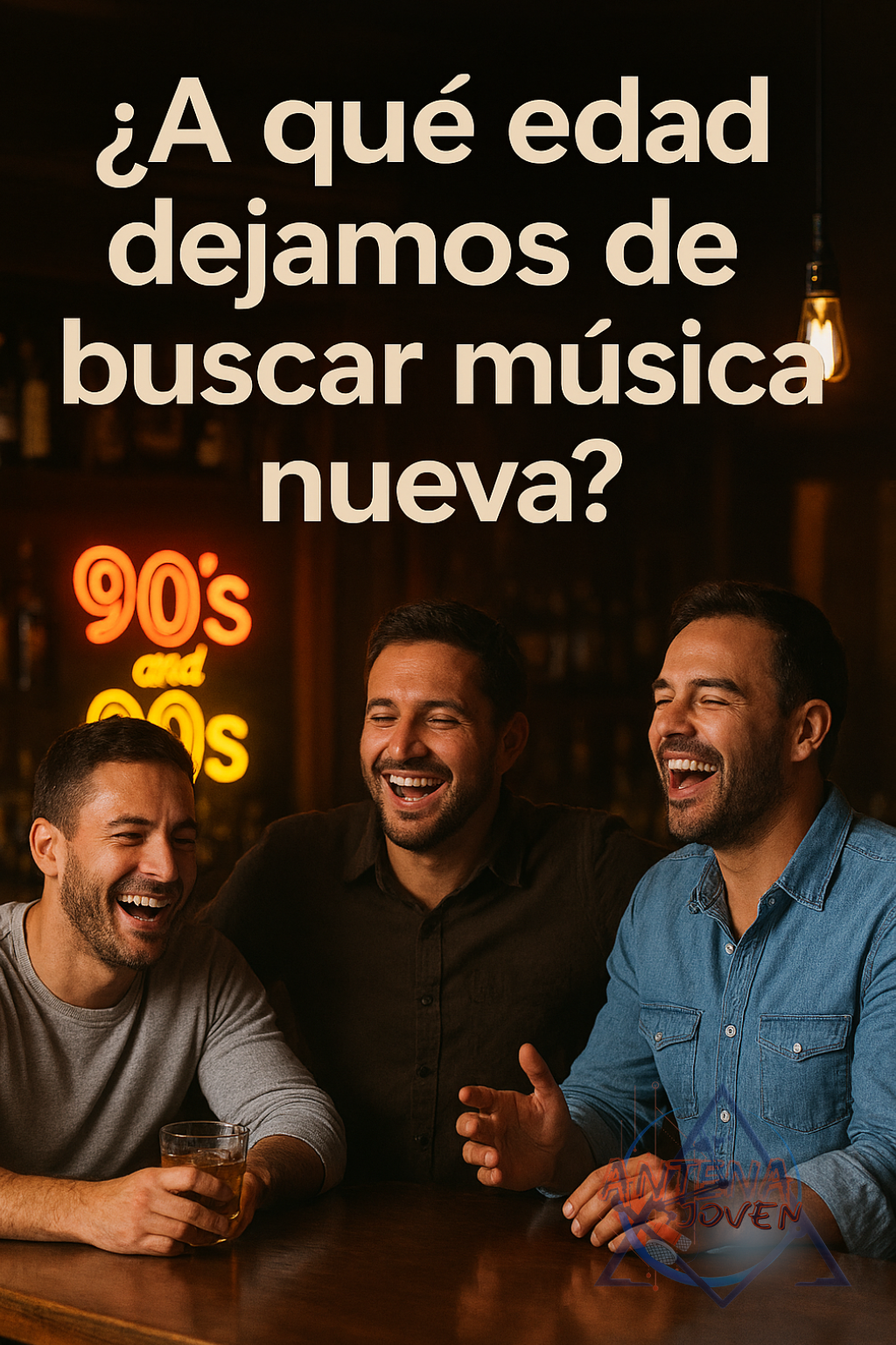 Tres hombres en sus 30s riendo en la barra de un hotel mientras suena música pop de los 90s y 00s