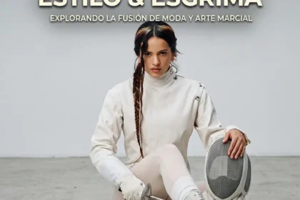 Rosalía vestida con traje de esgrima blanco, sentada en el suelo con espada y careta, estilo editorial de moda.