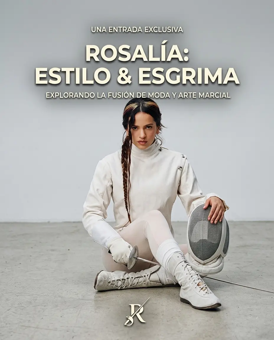 Rosalía vestida con traje de esgrima blanco, sentada en el suelo con espada y careta, estilo editorial de moda.