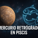 Ilustración cósmica de Mercurio retrógrado en Piscis con fondo estrellado y símbolo zodiacal.