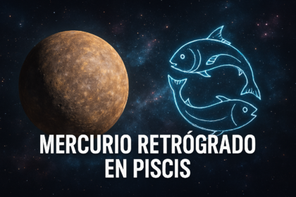 Ilustración cósmica de Mercurio retrógrado en Piscis con fondo estrellado y símbolo zodiacal.
