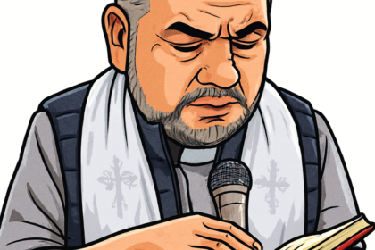 "Cuando la fe reemplaza la logística: Lumaca bendice sus buses y espera milagros”. Caricatura del Padre Francisco Arias durante la bendición de las nuevas unidades de Lumaca, realizada el 24 de febrero de 2026. Ilustración digital creada para fines editoriales y satíricos.