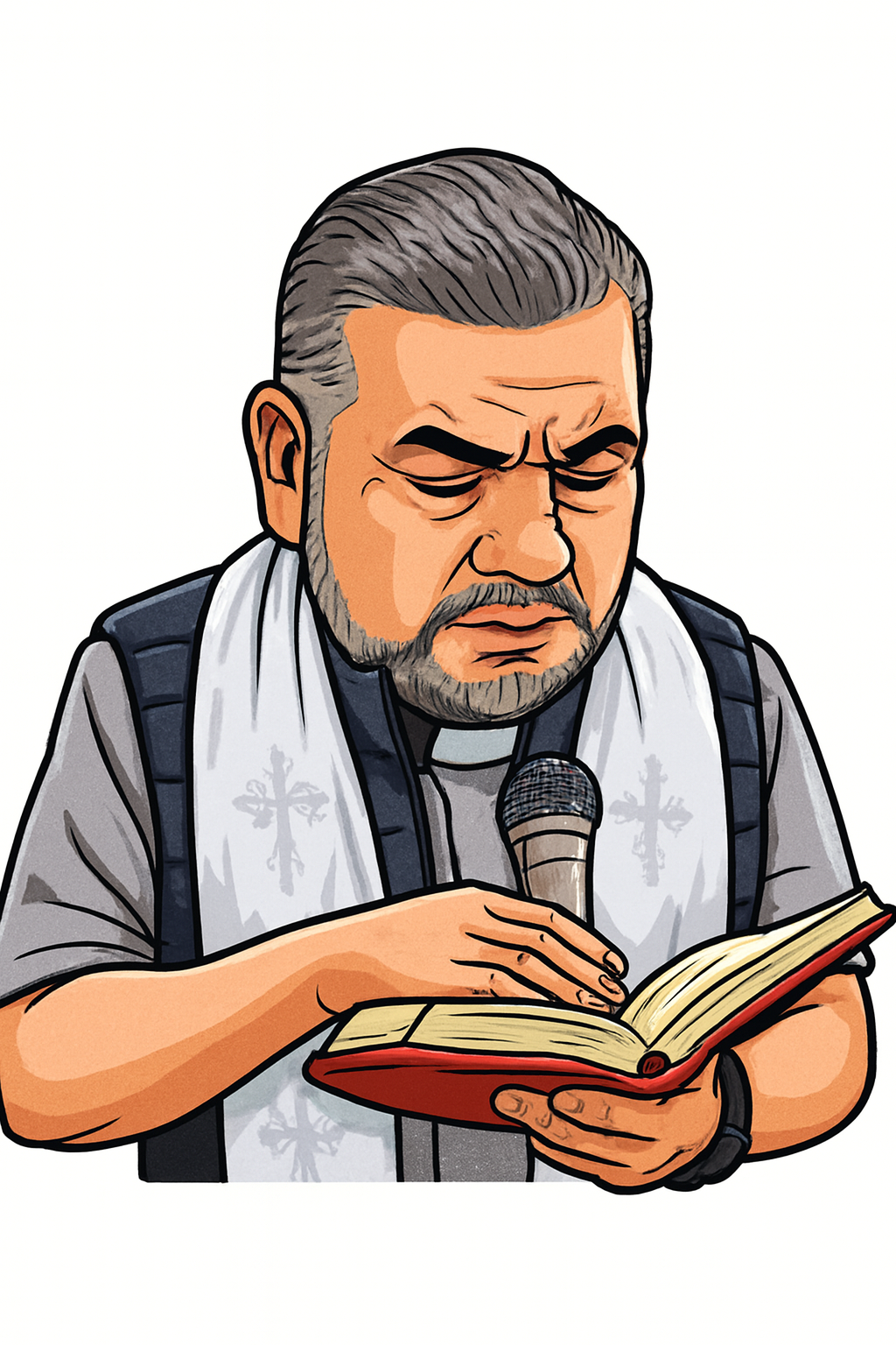 "Cuando la fe reemplaza la logística: Lumaca bendice sus buses y espera milagros”. Caricatura del Padre Francisco Arias durante la bendición de las nuevas unidades de Lumaca, realizada el 24 de febrero de 2026. Ilustración digital creada para fines editoriales y satíricos.