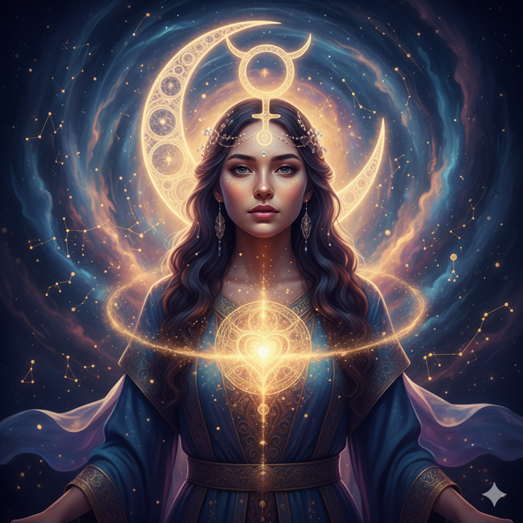 Una mujer con aura mística, fusionada con símbolos de la luna y el planeta Venus, irradiando confianza y serenidad. El ambiente es etéreo, con destellos dorados y violetas.