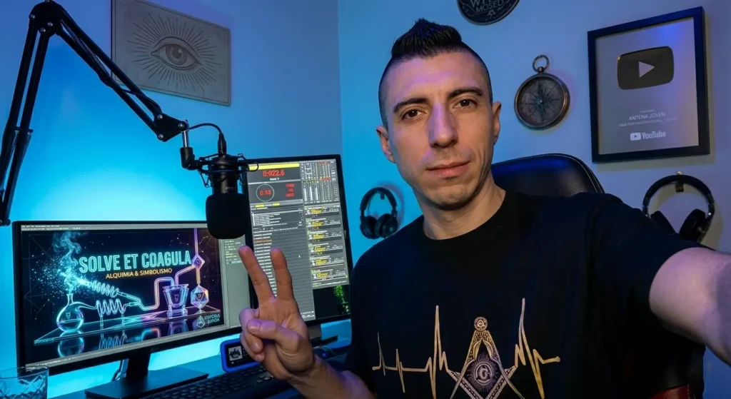 Un primer plano de OS peinado estilo mohawk, sentado en una cabina de producción de audio y video con iluminación ambiental azul de neón. Os lleva una camiseta negra con un gráfico dorado de la Escuadra y el Compás Masónicos integrados en una línea de latidos del corazón. Hace el signo de la paz con la mano izquierda y mira a la cámara con una expresión seria y enfocada. Al fondo, a la izquierda, una pantalla de monitor muestra el software de mezcla de audio con un gráfico de "SOLVE ET COAGULA" visible. Una segunda pantalla vertical muestra datos de mezcla detallados. Un micrófono de podcast profesional está montado sobre el escritorio. La pared del fondo está decorada con paneles acústicos, un par de auriculares colgados, una brújula antigua, un retrato enmarcado con un logo de "WITCH" y una placa de YouTube Silver Creator Award. La escena captura la fusión del estudio, la pasión y la tecnología, ideal para el artículo de 'Crónicas del Aprendiz' en Antena Joven.