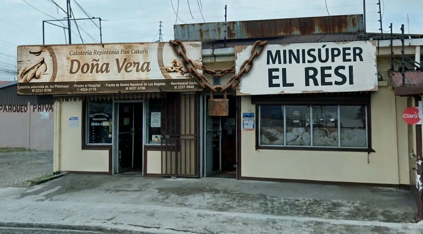 Fachada del local en Cartago con cartel dividido y encadenado, mostrando 'Doña Vera' y 'Minisúper El Resi', simbolizando la persistencia de malas prácticas comerciales.