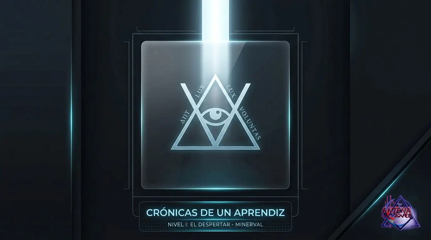 Representación visual mística y tecnológica del Grado de Minerval en la O.T.O. con estética glassmorphism de AJ Digital Studio.