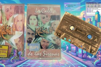 Composición estética de los años 90 con el casete original de Kabah sobre un fondo de ciudad futurista con sirenas y ventanas de Windows 95, celebrando los 30 años de La Calle de las Sirenas.