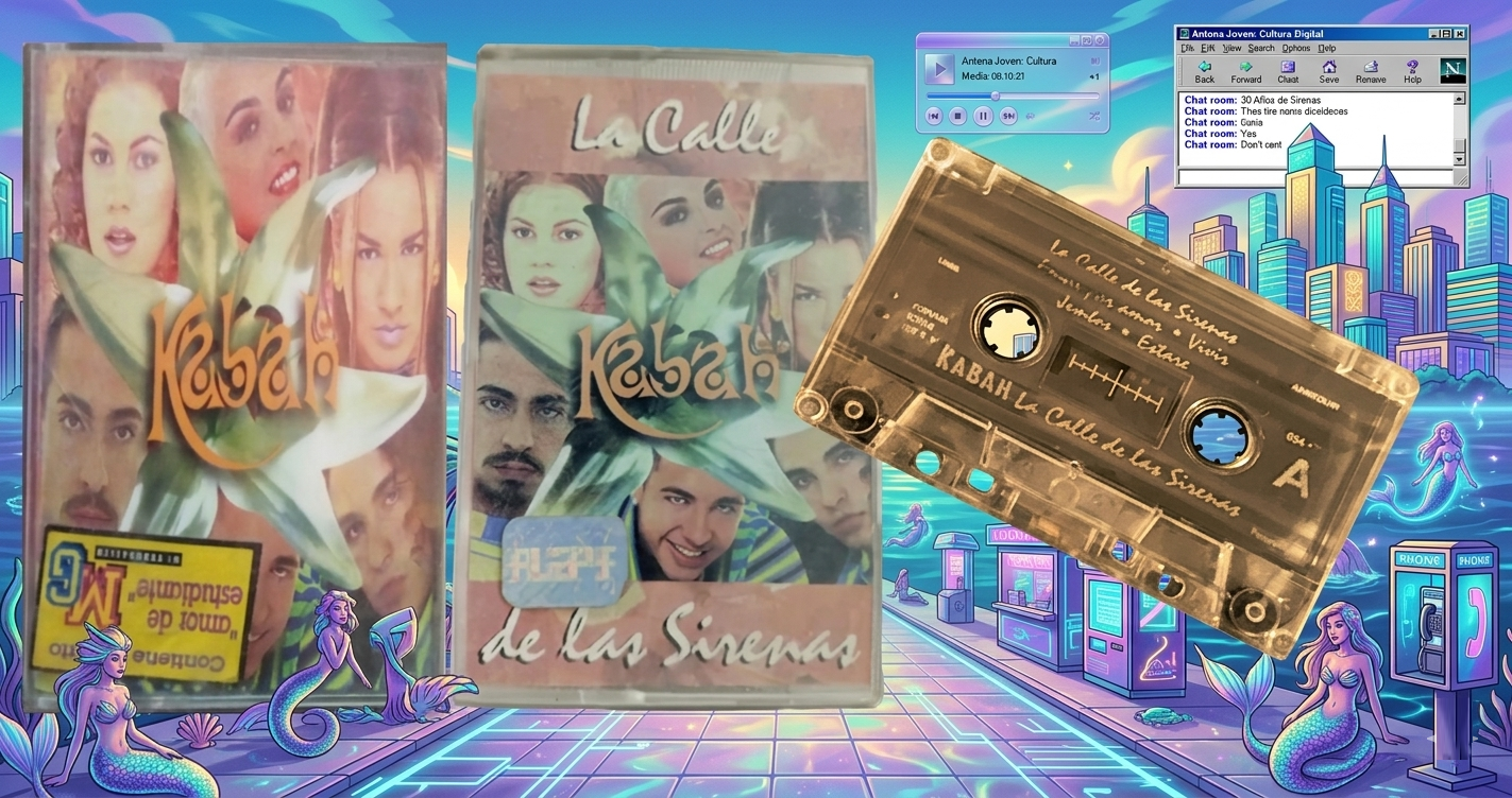 Composición estética de los años 90 con el casete original de Kabah sobre un fondo de ciudad futurista con sirenas y ventanas de Windows 95, celebrando los 30 años de La Calle de las Sirenas.