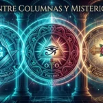 Infografía artística de la serie Entre Columnas y Misterios mostrando los símbolos de la Masonería Azul, la O.T.O. y la Orden Rosacruz en estilo neón cian y grana.