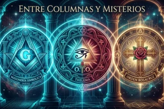 Infografía artística de la serie Entre Columnas y Misterios mostrando los símbolos de la Masonería Azul, la O.T.O. y la Orden Rosacruz en estilo neón cian y grana.