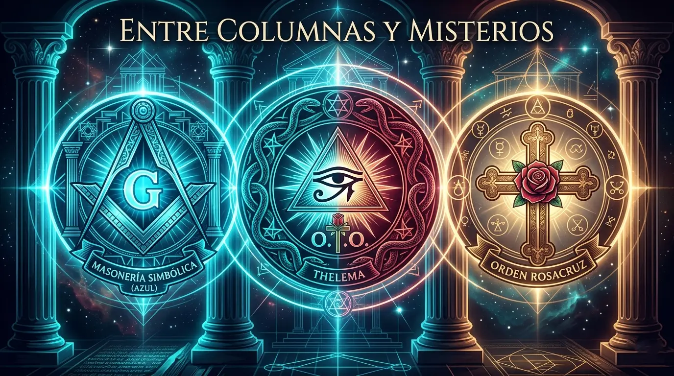 Infografía artística de la serie Entre Columnas y Misterios mostrando los símbolos de la Masonería Azul, la O.T.O. y la Orden Rosacruz en estilo neón cian y grana.