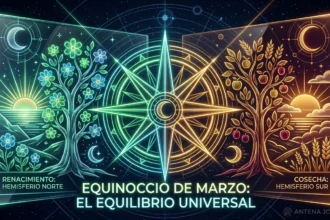 Portada artística en estilo neon-glass que ilustra el Equinoccio de Marzo como un equilibrio universal entre el renacimiento del Hemisferio Norte y la cosecha del Hemisferio Sur para la sección Magia de Antena Joven.