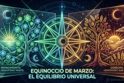 Portada artística en estilo neon-glass que ilustra el Equinoccio de Marzo como un equilibrio universal entre el renacimiento del Hemisferio Norte y la cosecha del Hemisferio Sur para la sección Magia de Antena Joven.