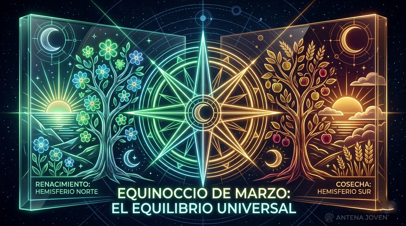 Portada artística en estilo neon-glass que ilustra el Equinoccio de Marzo como un equilibrio universal entre el renacimiento del Hemisferio Norte y la cosecha del Hemisferio Sur para la sección Magia de Antena Joven.