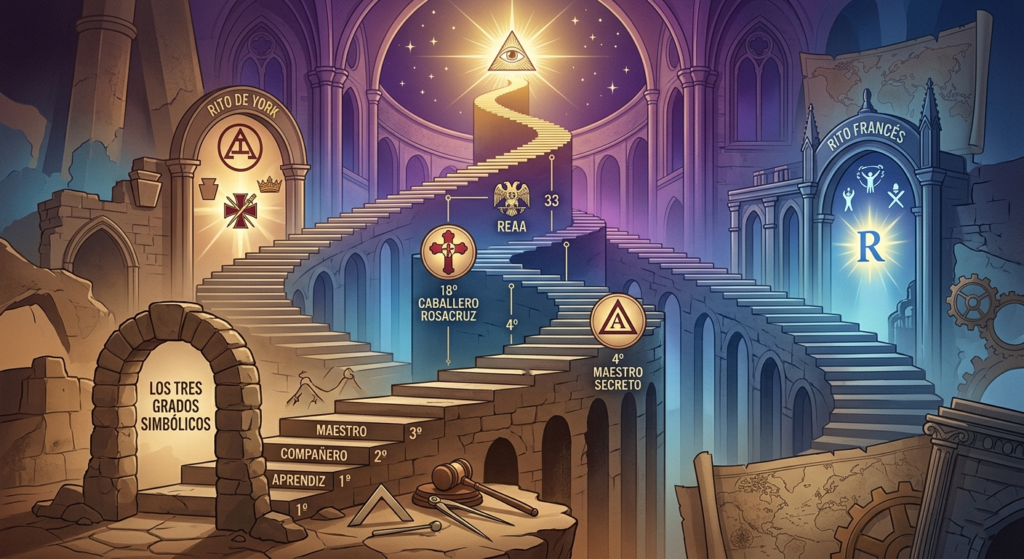Ilustración conceptual de una escalera de caracol ascendente que representa los grados masónicos, con arcos que simbolizan el Rito de York, el Rito Escocés Antiguo y Aceptado y el Rito Francés, iluminada por una luz central de sabiduría.