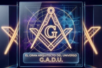 Representación simbólica del Gran Arquitecto del Universo G.A.D.U. con escuadra y compás en estilo neon-glass para Antena Joven.
