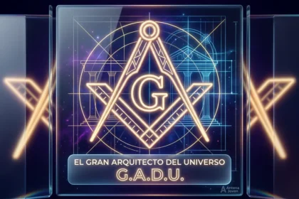 Representación simbólica del Gran Arquitecto del Universo G.A.D.U. con escuadra y compás en estilo neon-glass para Antena Joven.
