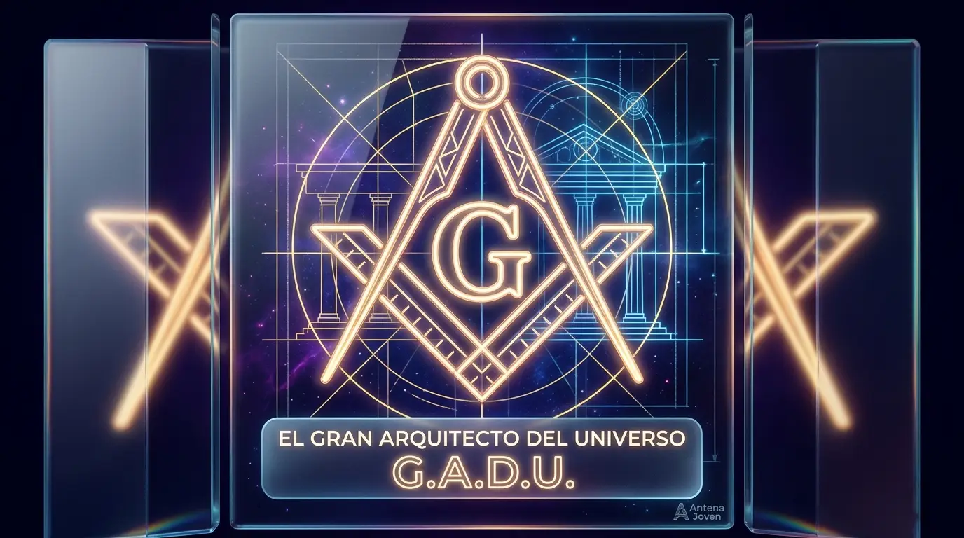 Representación simbólica del Gran Arquitecto del Universo G.A.D.U. con escuadra y compás en estilo neon-glass para Antena Joven.