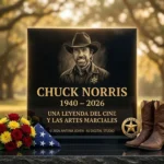 Placa conmemorativa de Chuck Norris 1940-2026 con botas de vaquero y bandera de EE. UU.