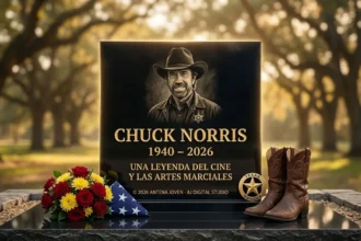 Placa conmemorativa de Chuck Norris 1940-2026 con botas de vaquero y bandera de EE. UU.